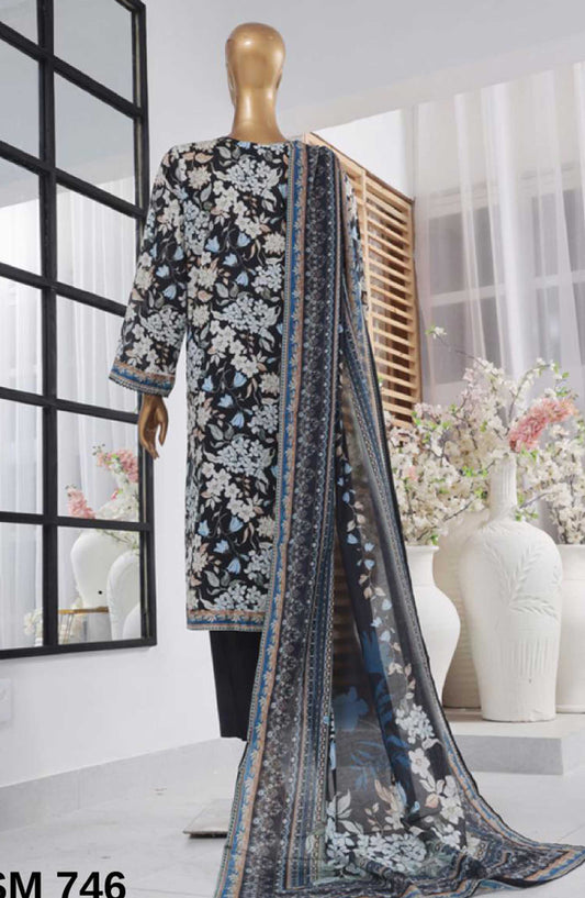 Bin Saeed Printed Lawn Stitched 3 Piece - SM-746 - BS25EL - Black - Summer Collection