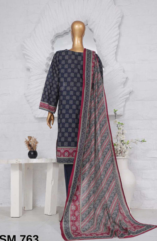 Bin Saeed Printed Lawn Stitched 3 Piece - SM-763 - BS25EL - Navy Blue - Summer Collection