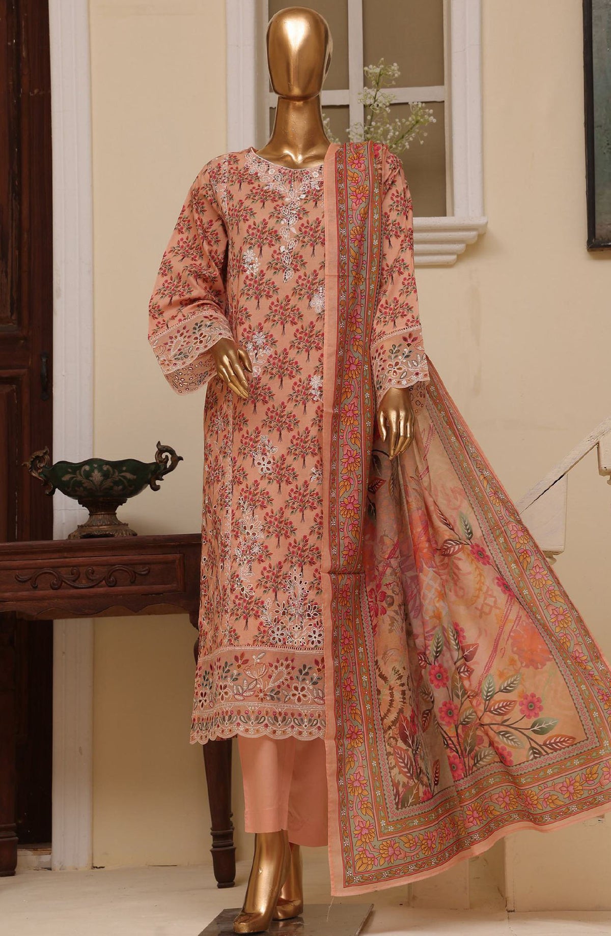 Bin Saeed Embroidered Lawn Stitched 3 Piece Suit - SM-773 - BS25ELCV4 - Peach - Summer Collection