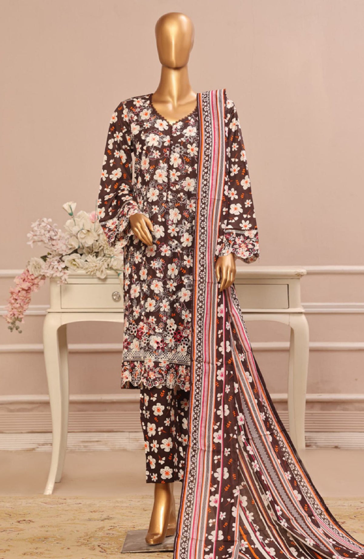 Bin Saeed Embroidered Lawn Stitched 3 Piece Suit - SM-805 - BS25ELCV4 - Brown - Summer Collection