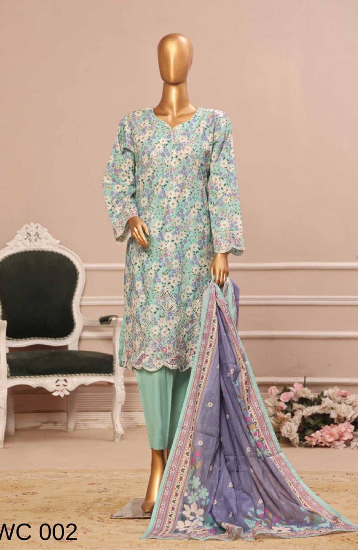 Bin Saeed Embroidered Lawn Stitched 3 Piece - SM 002 - BS25SM - Sea Green - Summer Collection