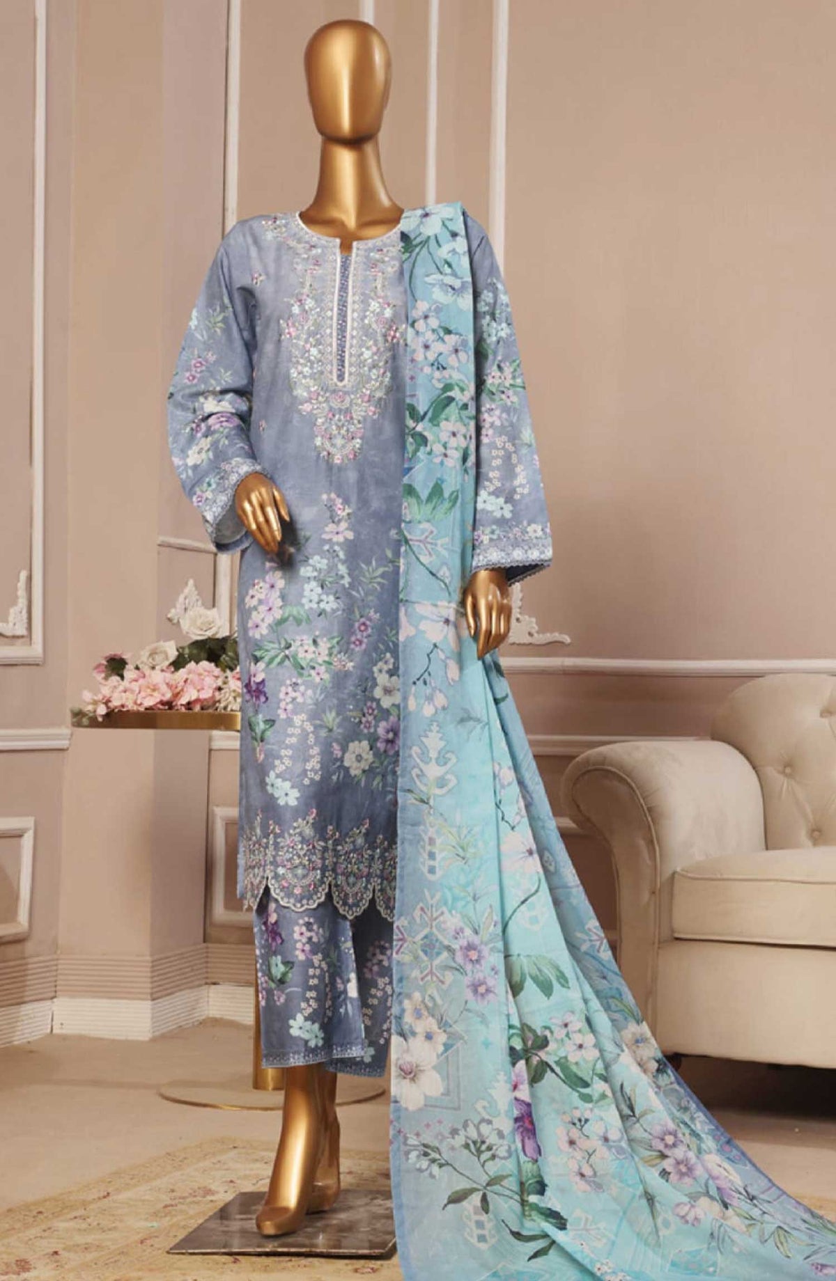 Bin Saeed Embroidered Lawn Stitched 3 Piece - SM 026 - BS25EL - Light Blue - Summer Collection
