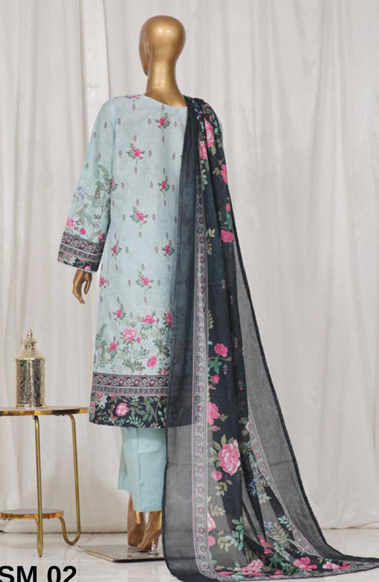 Bin Saeed Printed Lawn Stitched 3 Piece - SM 02 - BS25EL - Light Blue - Summer Collection