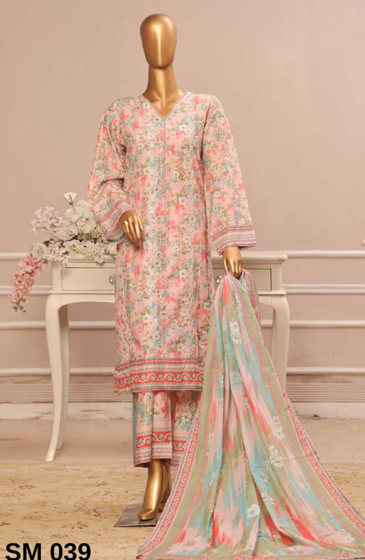 Bin Saeed Embroidered Lawn Stitched 3 Piece - SM 039 - BS25SM - Pink - Summer Collection