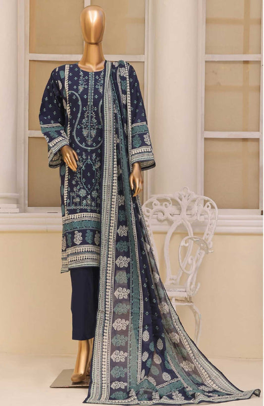 Bin Saeed Embroidered Lawn Stitched 3 Piece - SM 043 - BS25EL - Dark Blue - Summer Collection