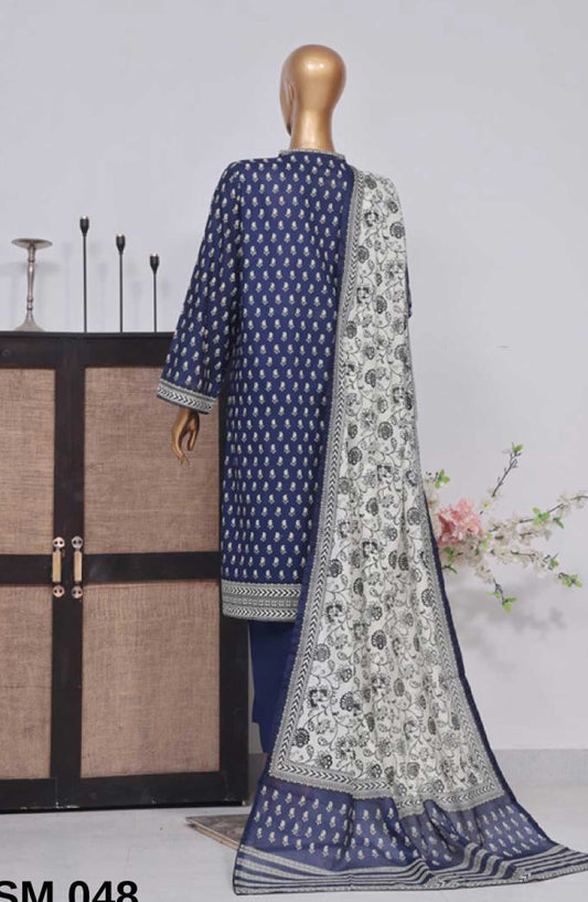 Bin Saeed Printed Lawn Stitched 3 Piece - SM 048 b - BS25EL - Dark Blue - Summer Collection