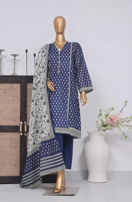 Bin Saeed Printed Lawn Stitched 3 Piece - SM 048 b - BS25EL - Dark Blue - Summer Collection