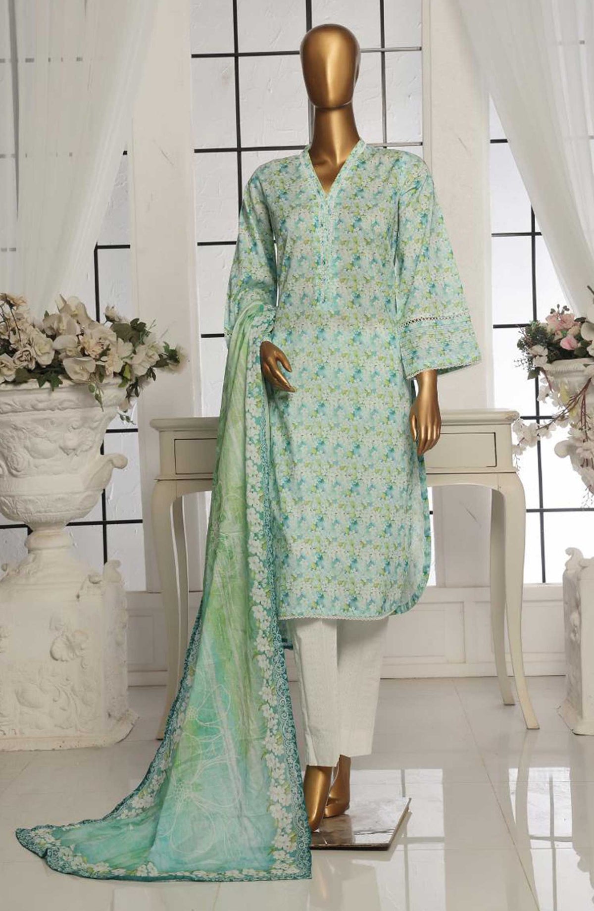 Bin Saeed Printed Lawn Stitched 3 Piece - SM 099 - BS25EL - Sea Green - Summer Collection