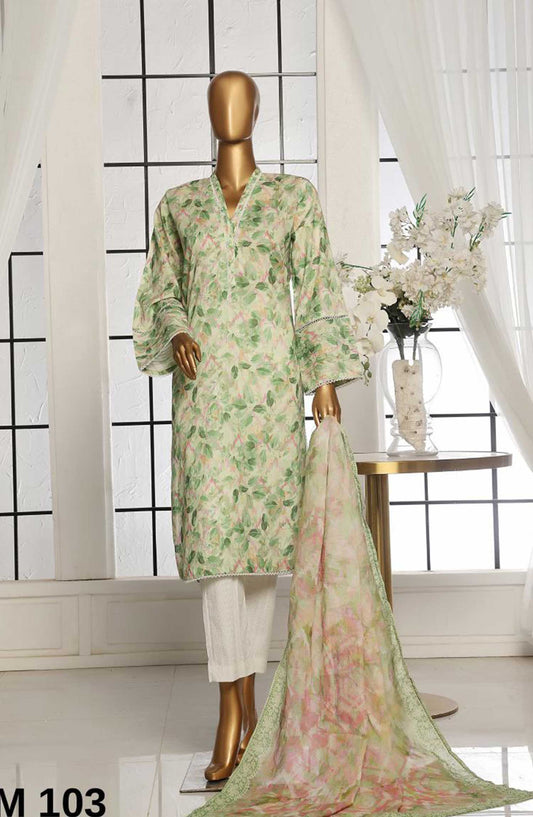 Bin Saeed Printed Lawn Stitched 3 Piece - SM 103 A - BS25EL - Green - Summer Collection