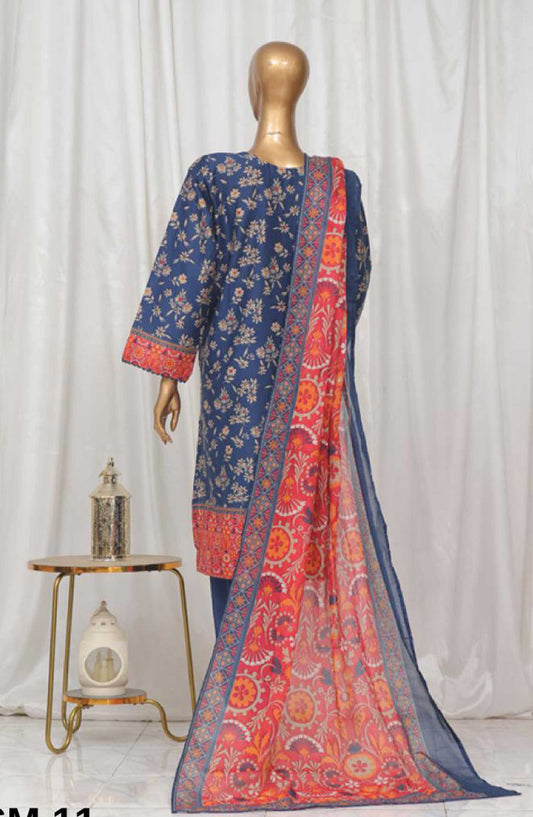 Bin Saeed Printed Lawn Stitched 3 Piece - SM 11 - BS25EL - Dark Blue - Summer Collection