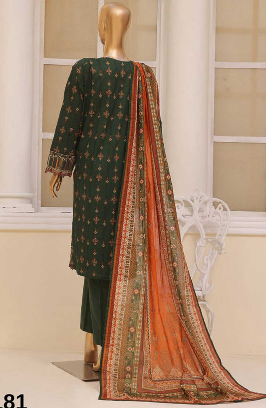 Bin Saeed Embroidered Lawn Stitched 3 Piece - SM 181 - BS25SM - Dark Green - Summer Collection