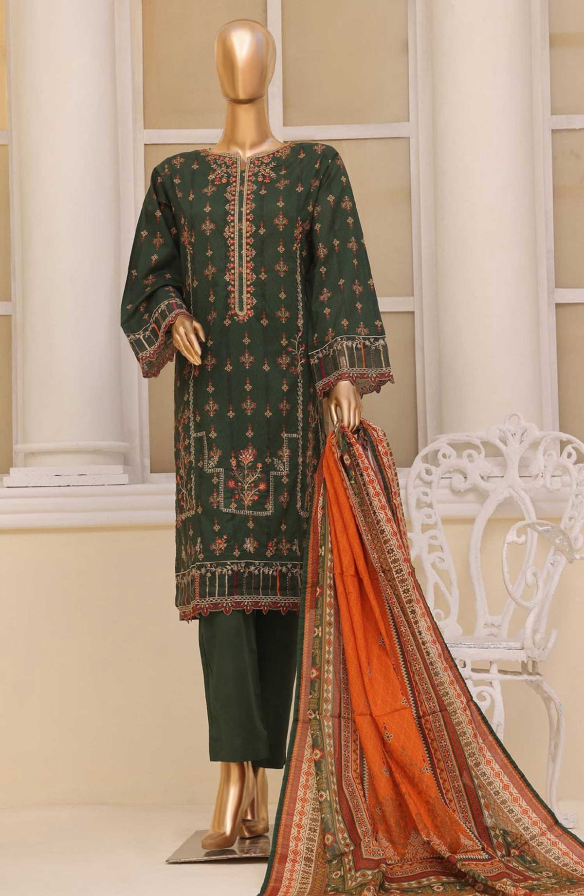 Bin Saeed Embroidered Lawn Stitched 3 Piece - SM 181 - BS25SM - Dark Green - Summer Collection