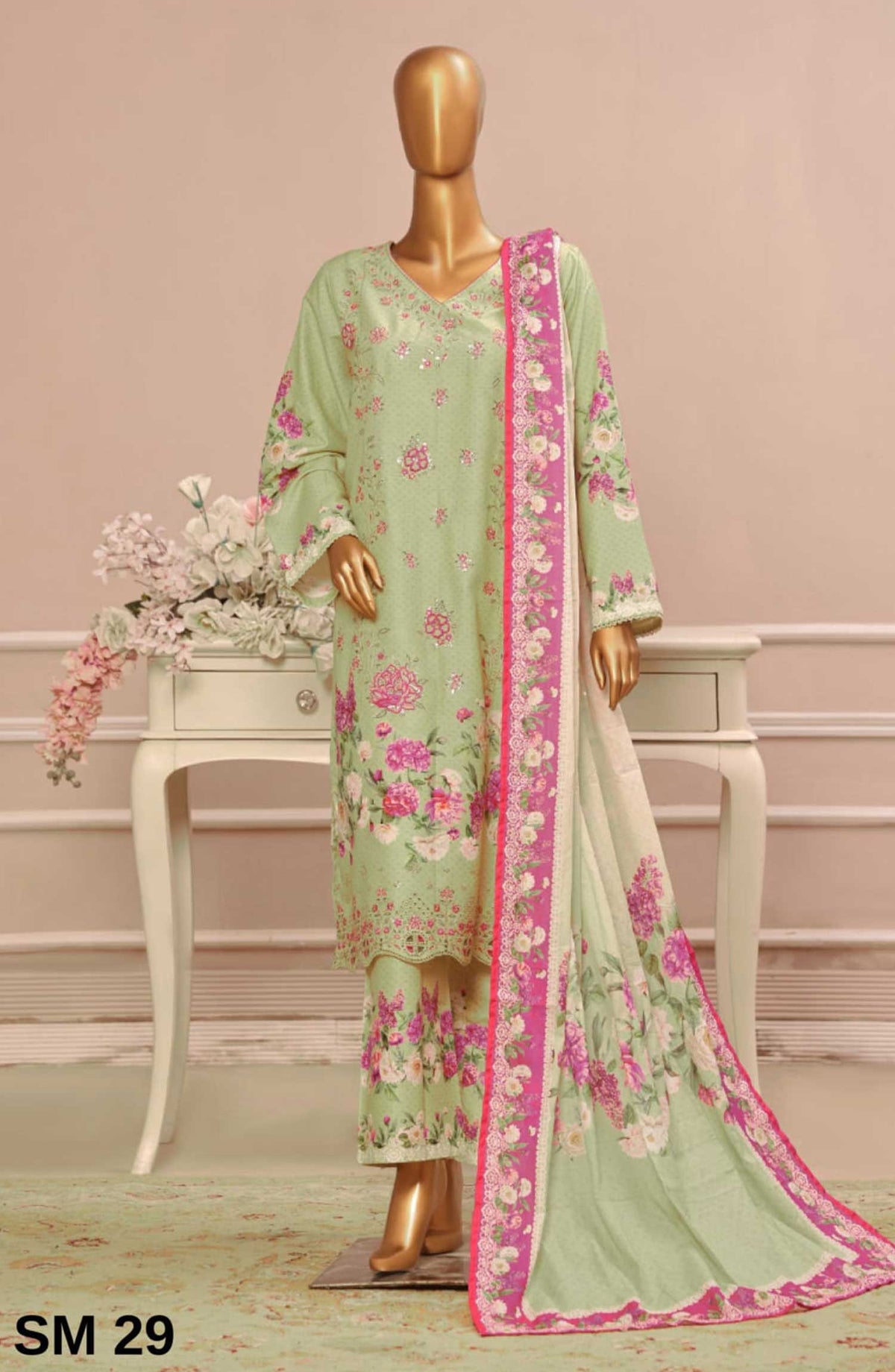 Bin Saeed Embroidered Lawn Stitched 3 Piece - SM 29 - BS25SM - Pista Green - Summer Collection
