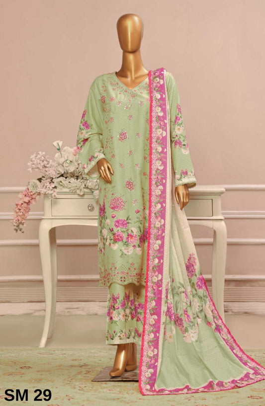 Bin Saeed Embroidered Lawn Stitched 3 Piece - SM 29 - BS25SM - Pista Green - Summer Collection