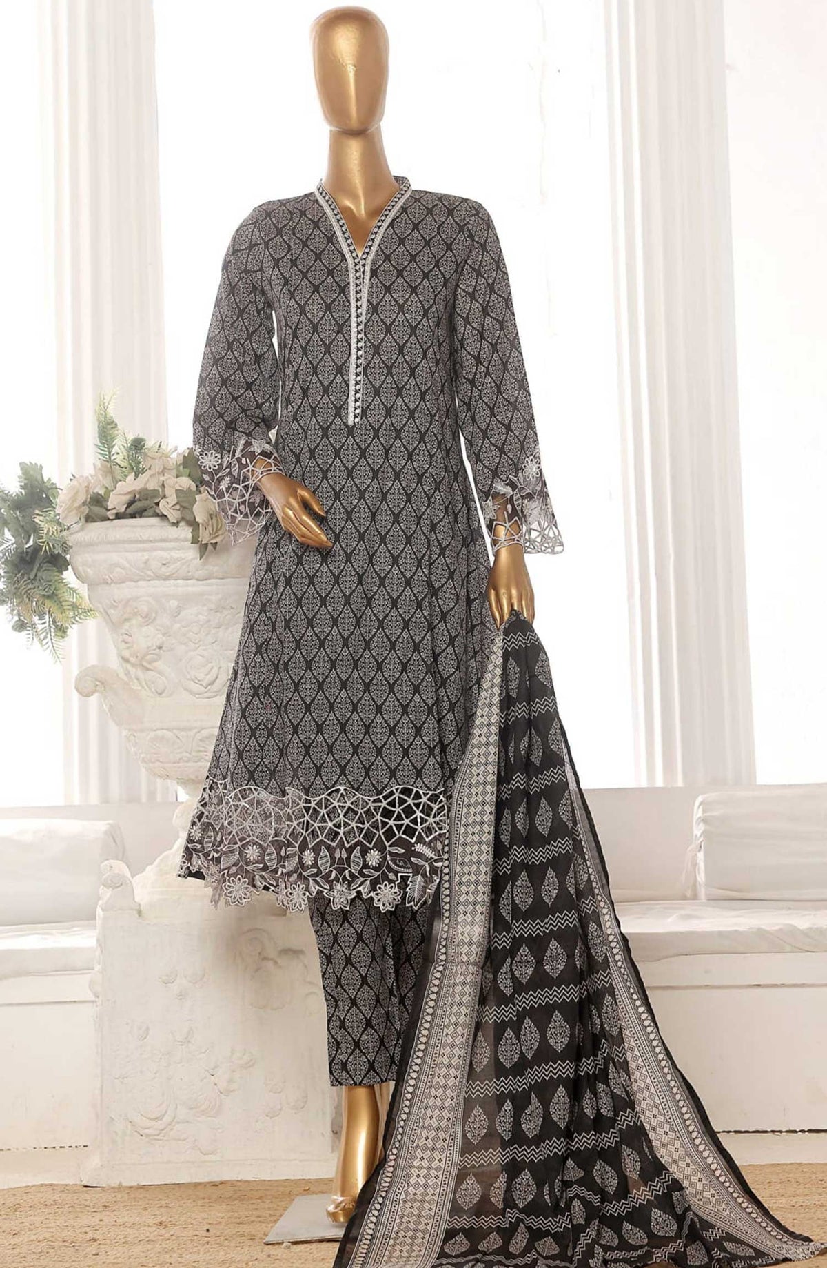 Bin Saeed Embroidered Lawn Frock Stitched 3 Piece - SM 357 - BS25LF - Dark Grey - Summer Collection