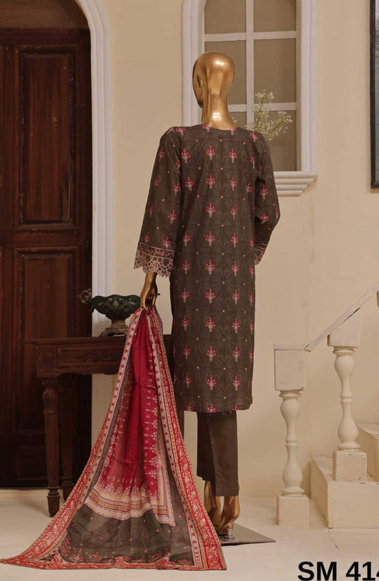 Bin Saeed Embroidered Lawn Stitched 3 Piece - SM 414 - BS25SM - Brown - Summer Collection