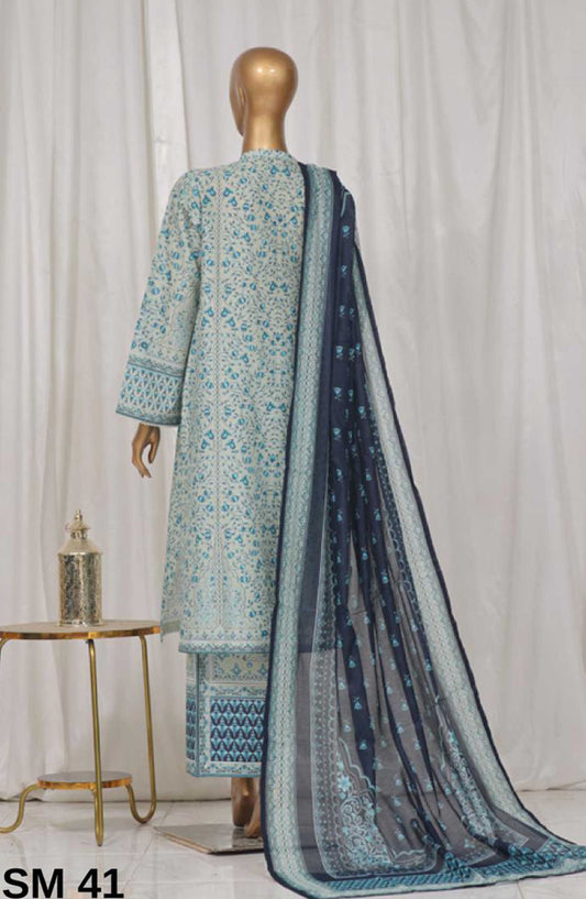 Bin Saeed Printed Lawn Stitched 3 Piece - SM 41 - BS25EL - Light Blue - Summer Collection