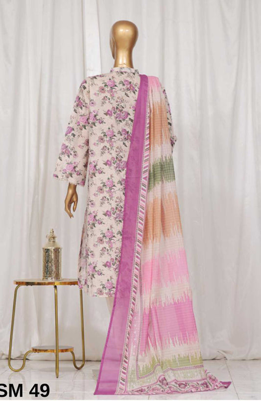 Bin Saeed Printed Lawn Stitched 3 Piece - SM 49 - BS25EL - Light Pink - Summer Collection
