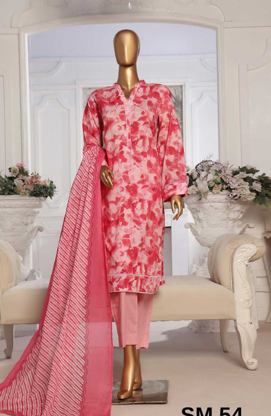 Bin Saeed Printed Lawn Stitched 3 Piece - SM 54 - BS25EL - Hot Pink - Summer Collection