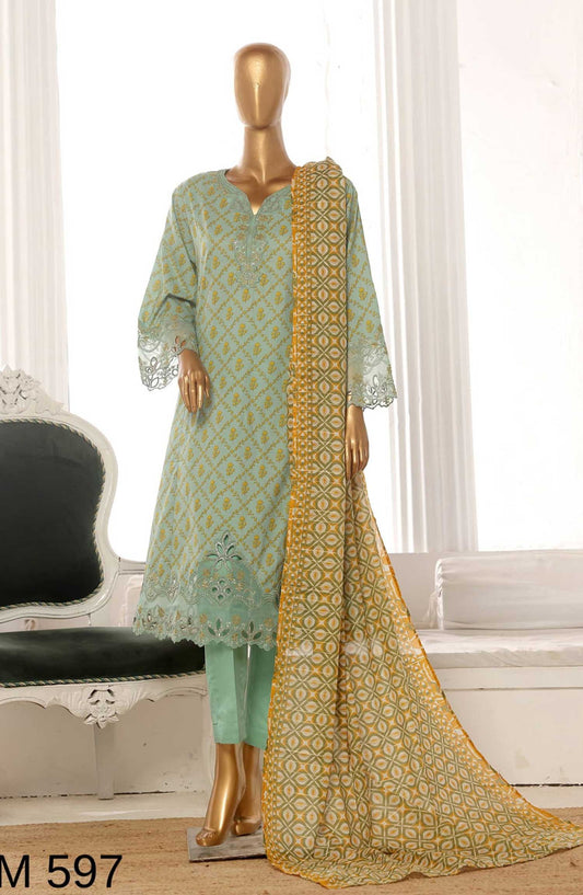 Bin Saeed Embroidered Lawn Frock Stitched 3 Piece - SM 597 - BS25LF - Green - Summer Collection