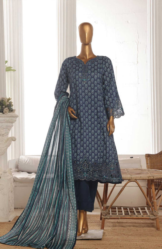 Bin Saeed Embroidered Lawn Frock Stitched 3 Piece - SM 599 - BS25LF - Blue - Summer Collection