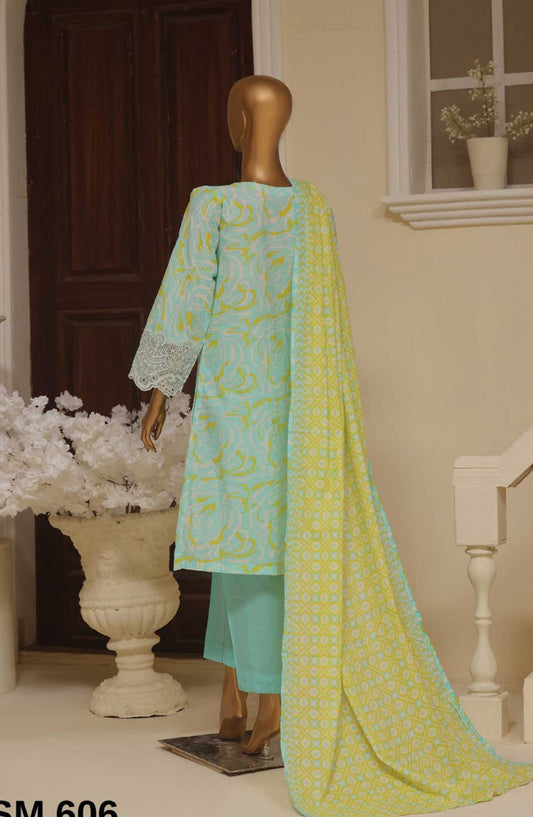 Bin Saeed Embroidered Lawn Stitched 3 Piece - SM 606 - BS25SM - Lime Green - Summer Collection