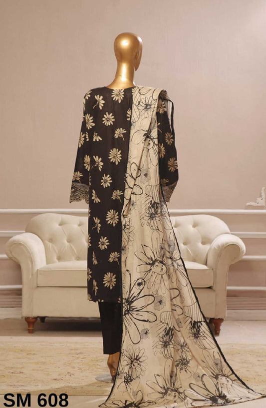 Bin Saeed Embroidered Lawn Stitched 3 Piece - SM 608 - BS25SM - Black - Summer Collection