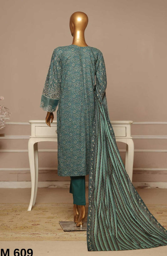 Bin Saeed Embroidered Lawn Stitched 3 Piece Suit - SM 609 - BS25EElV3 - Teal - Summer Collection