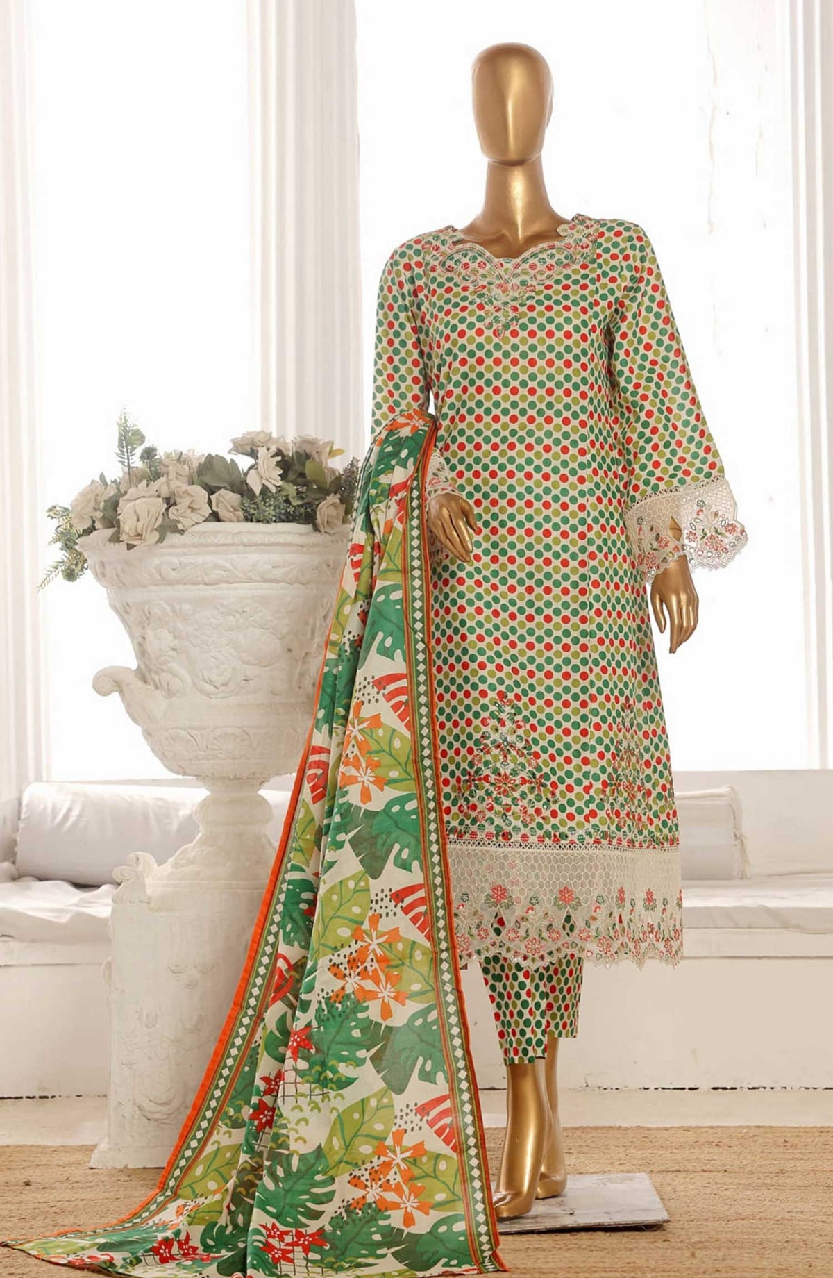 Bin Saeed Embroidered Lawn Frock Stitched 3 Piece - SM 616 - BS25LF - Green - Summer Collection