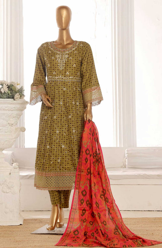 Bin Saeed Embroidered Lawn Frock Stitched 3 Piece - SM 618 - BS25LF - Green - Summer Collection