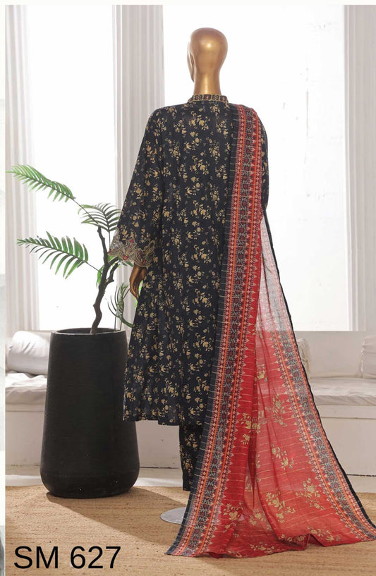 Bin Saeed Embroidered Lawn Frock Stitched 3 Piece - SM 627 - BS25LF - Dark Blue - Summer Collection