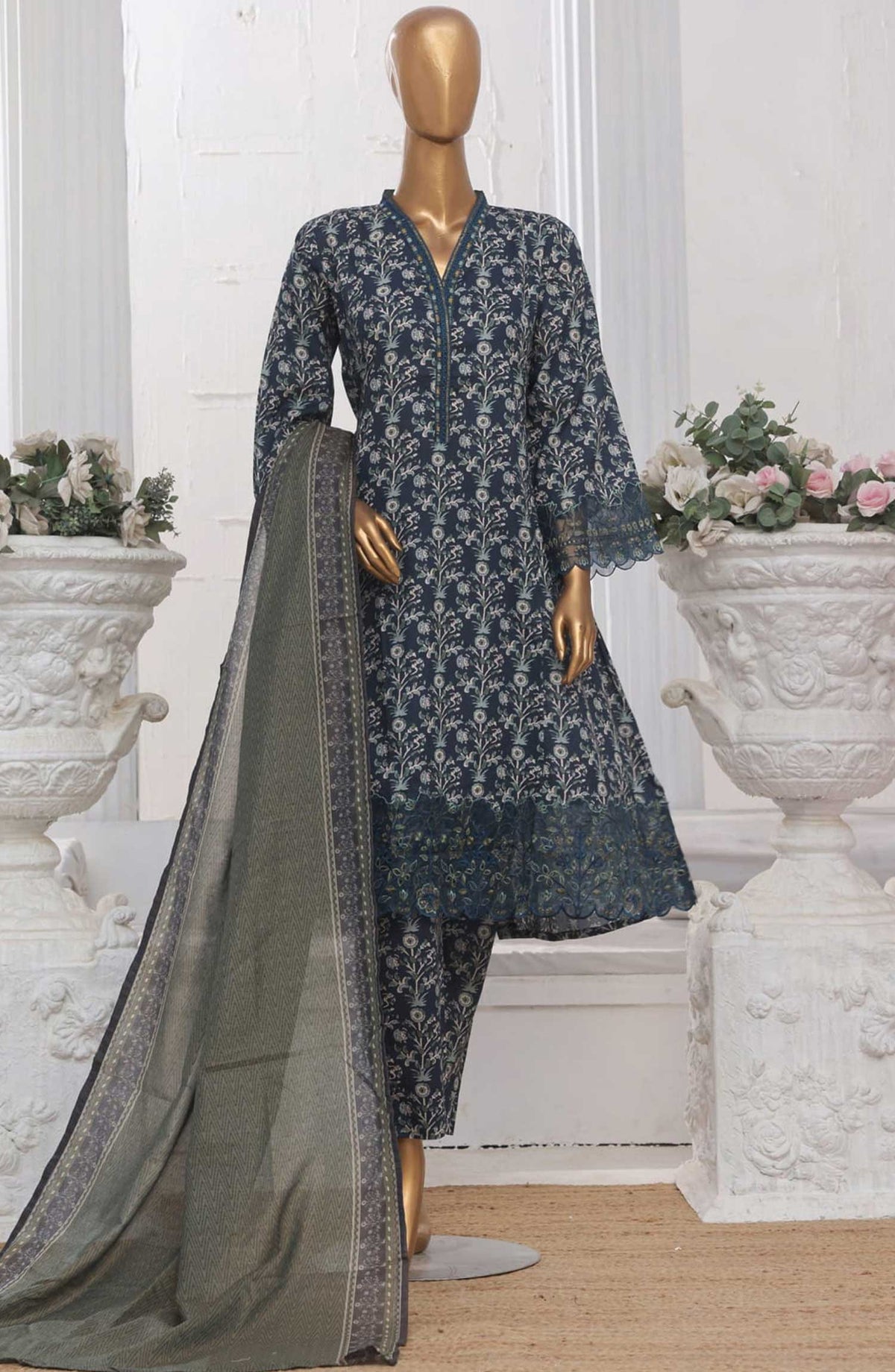 Bin Saeed Embroidered Lawn Frock Stitched 3 Piece - SM 644 - BS25LF - Blue - Summer Collection