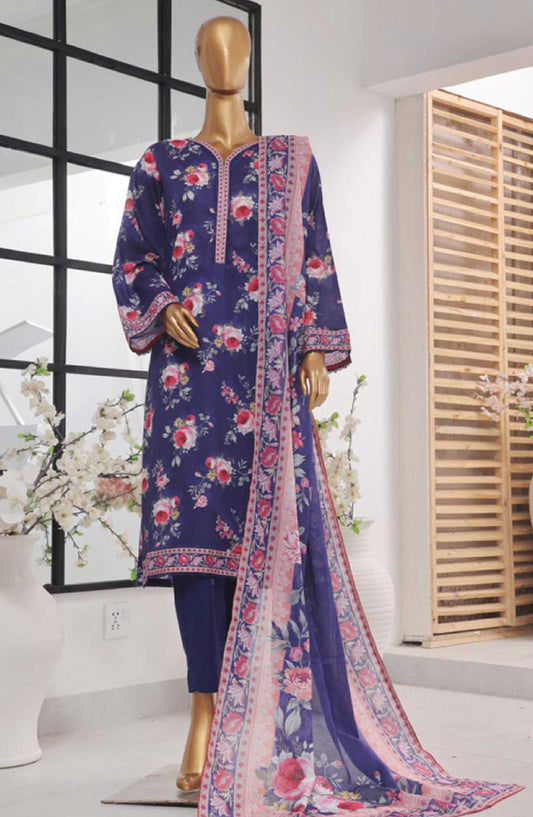 Bin Saeed Printed Lawn Stitched 3 Piece - SM 736 - BS25EL - Dark Blue - Summer Collection