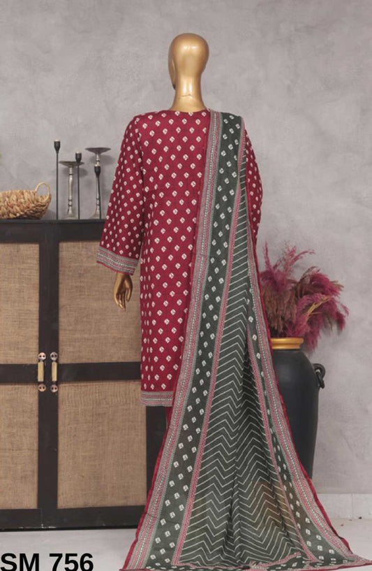 Bin Saeed Printed Lawn Stitched 3 Piece - SM 756 - BS25EL - Hot Pink - Summer Collection
