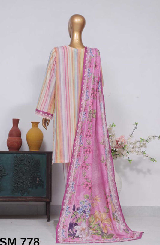 Bin Saeed Printed Lawn Stitched 3 Piece - SM 778 - BS25EL - Light Pink - Summer Collection