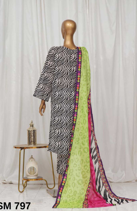 Bin Saeed Printed Lawn Stitched 3 Piece - SM 797 - BS25EL - Black - Summer Collection