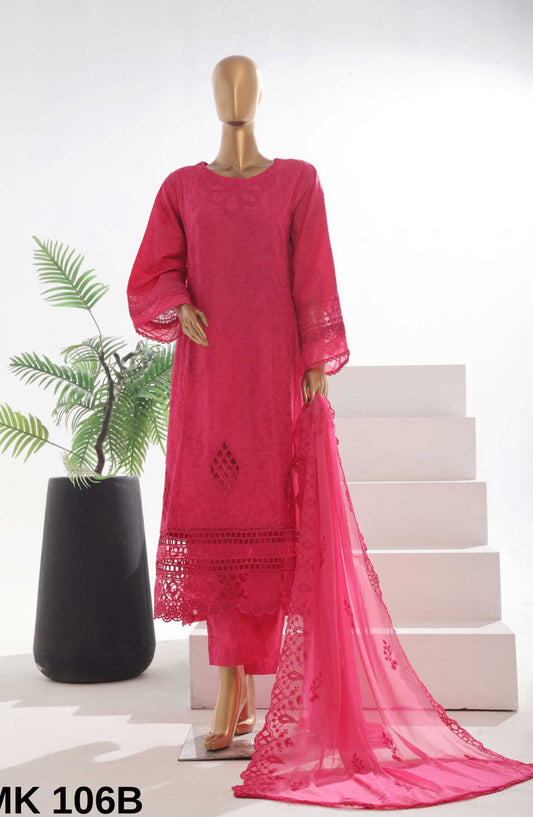 Bin Saeed Embroidered Lawn Stitched 3 Piece Frock - SMK 106B - BS25LF - Hot Pink - Summer Collection