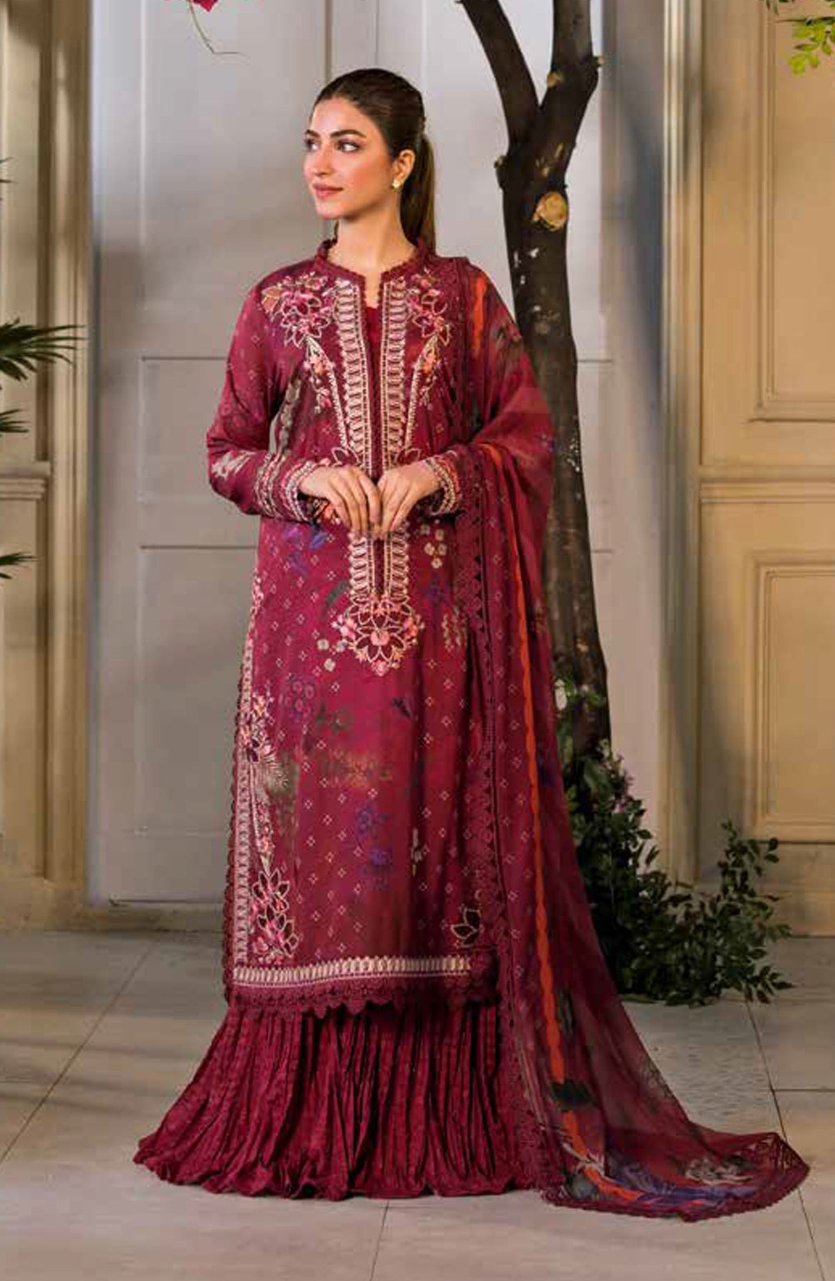Vital by Sobia Nazir Embroidered Lawn Unstitched 3 Piece Suit - V-09 A - SBN25VL - Maroon - Summer Collection