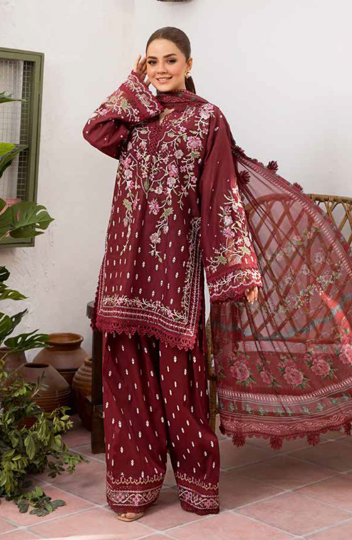 Vital by Sobia Nazir Embroidered Lawn Unstitched 3 Piece Suit - V-05 B - SBN25VL - Maroon - Summer Collection
