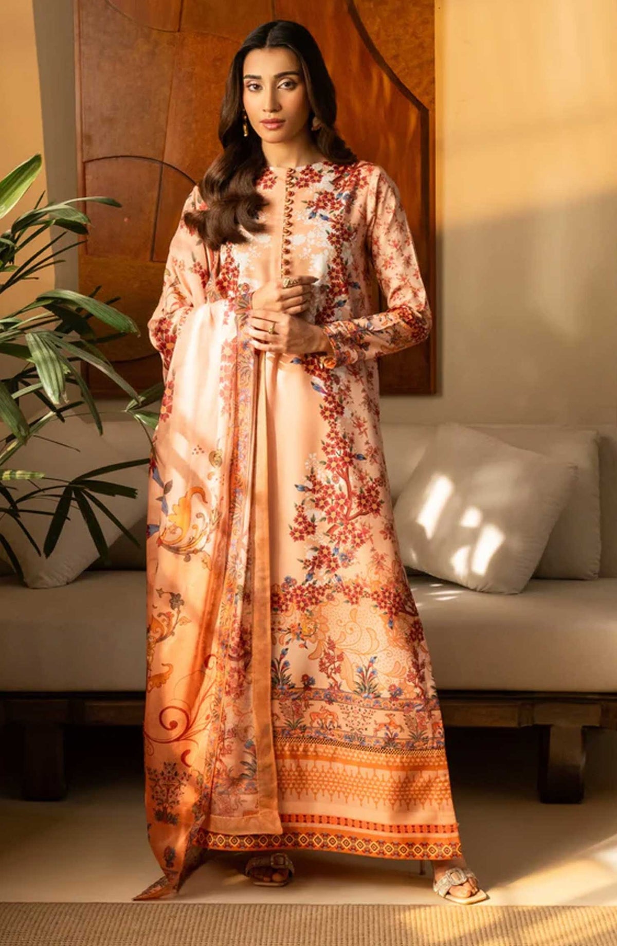 Nazm by Maryam N Maria Printed Silk Unstitched 3 Piece - CARA - MS50461 - MNM25N - Peach - Festive Collection