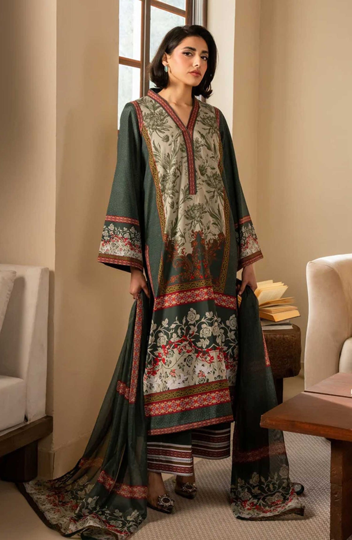 Nazm by Maryam N Maria Printed Silk Unstitched 3 Piece - STELLA - MS50459 - MNM25N - Dark Green - Festive Collection