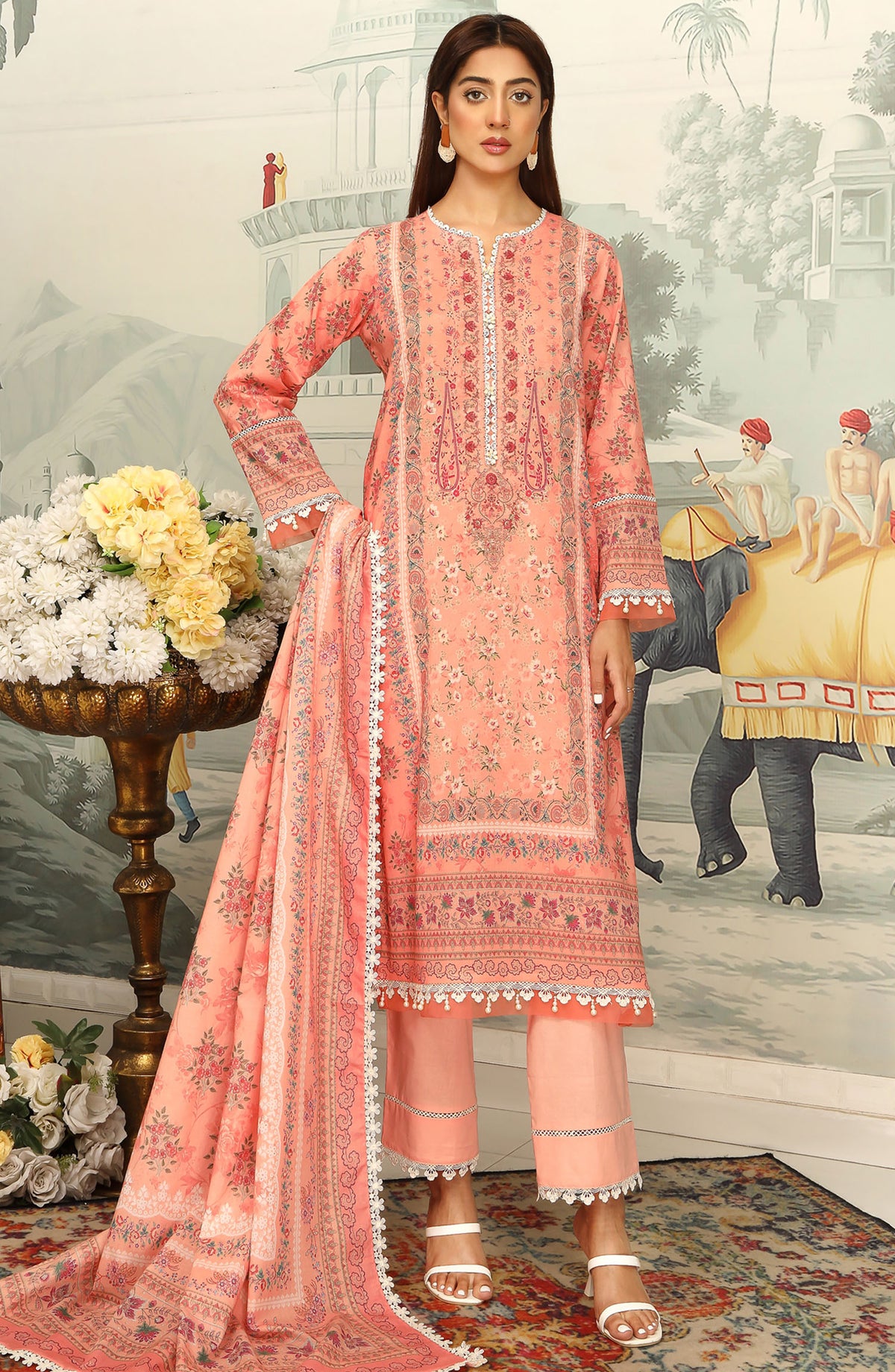 Mausummery Printed Lawn Unstitched 3 Piece Suit - Gladiolus - MU25SSUL - Peach - Summer Collection