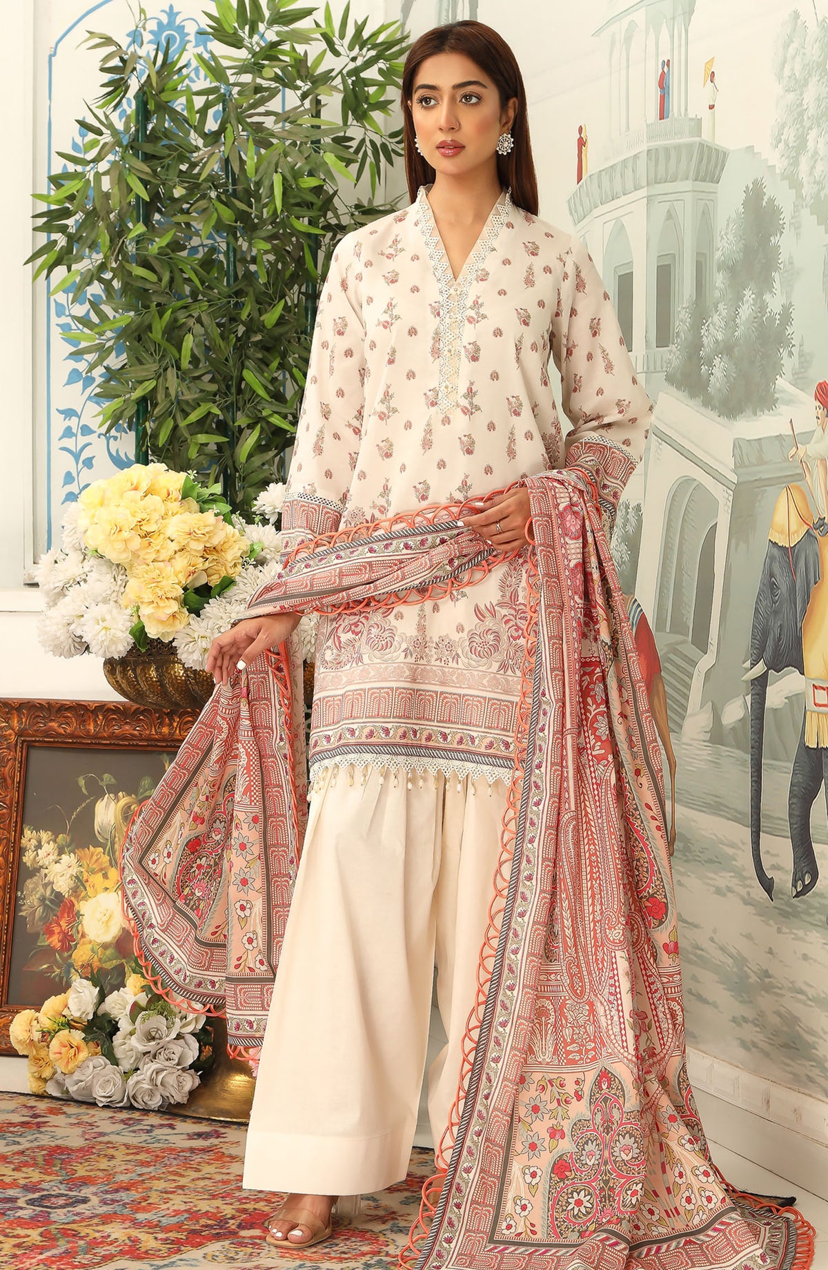 Mausummery Printed Lawn Unstitched 3 Piece Suit - Peony - MU25SSUL - Off White - Summer Collection