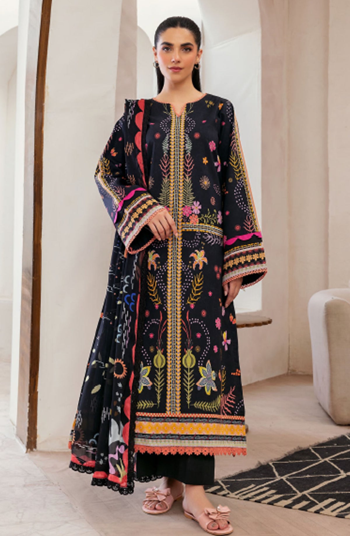 Florent Printed Lawn Unstitched 3 Piece Suit - FL-08 B - FL25LUP - Black - Summer Collection