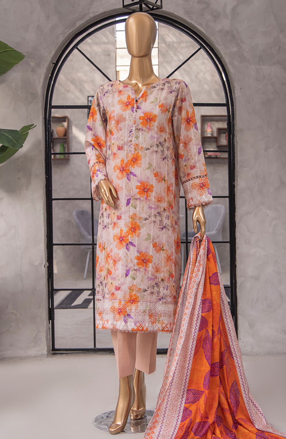 HZ Textile Printed Lawn Unstitched 3 Piece Suit - NJP-03 - HZ25NKJP - Orange - Summer Collection