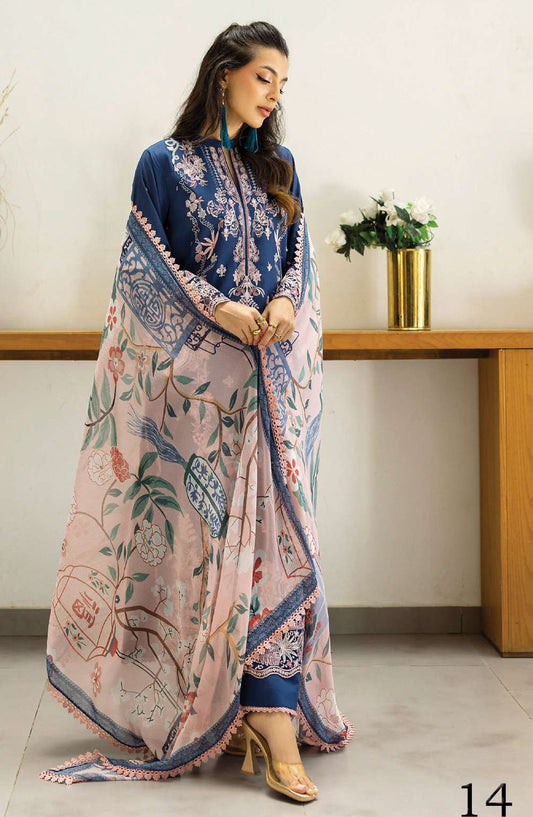 Tahra by Zainab Chottani Embroidered Lawn Unstitched 3 Piece Suit - D-14 - ZC25THEL - Blue - Summer Collection