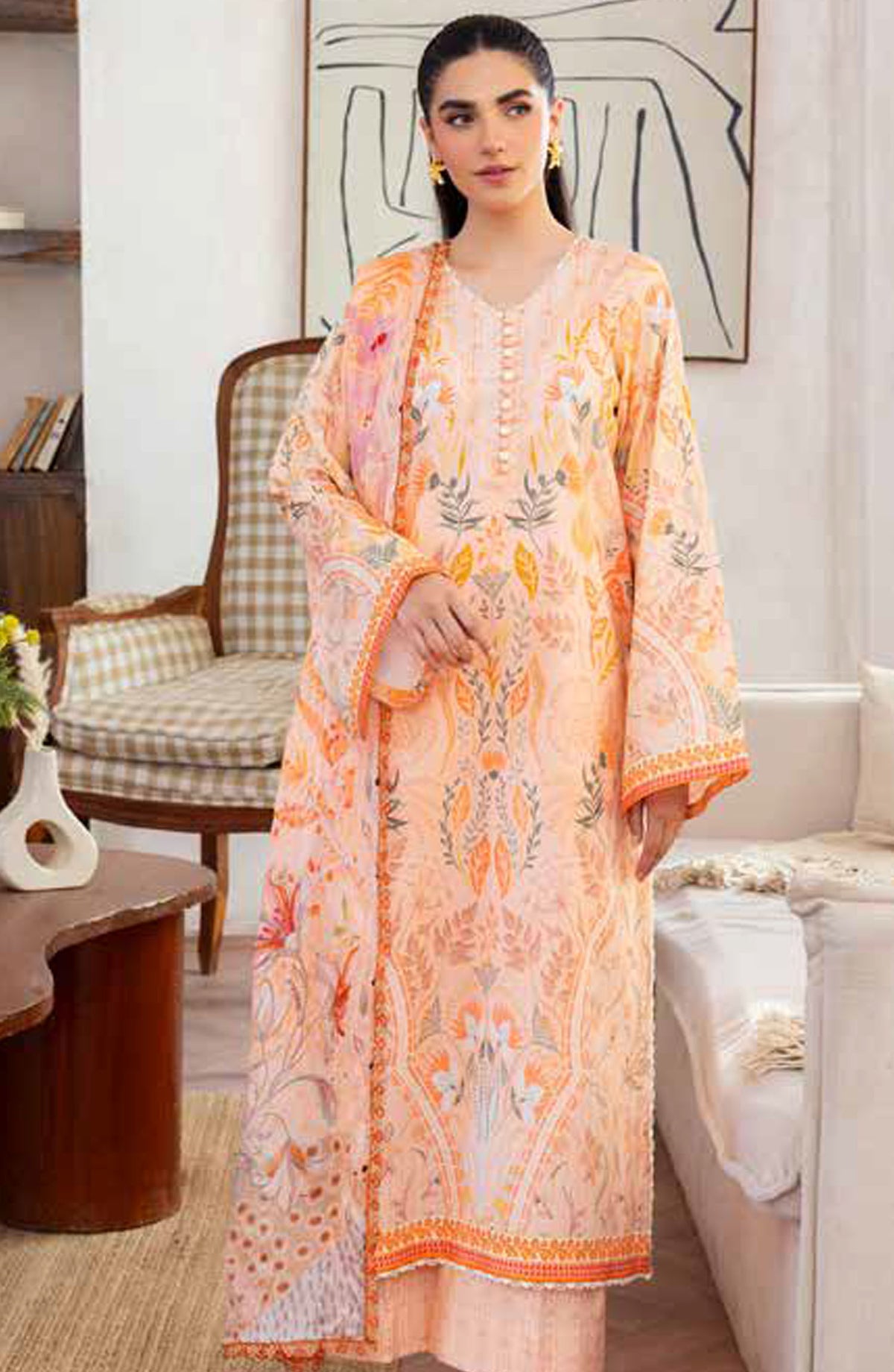 Florent Printed Lawn Unstitched 3 Piece Suit - FL-03 A - FL25LUP - Orange - Summer Collection