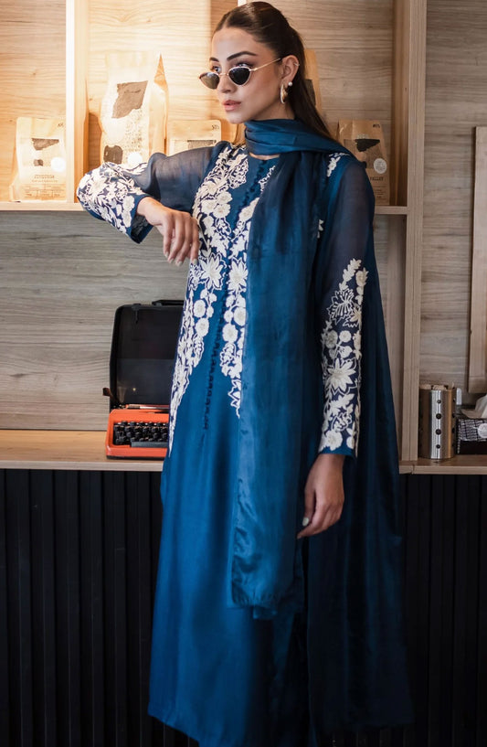 Luna Edit By Hues Atelier Embroidered Khaadi Net Stitched 3 Piece - Teal Blue Fit - HA25L - Festive Collection
