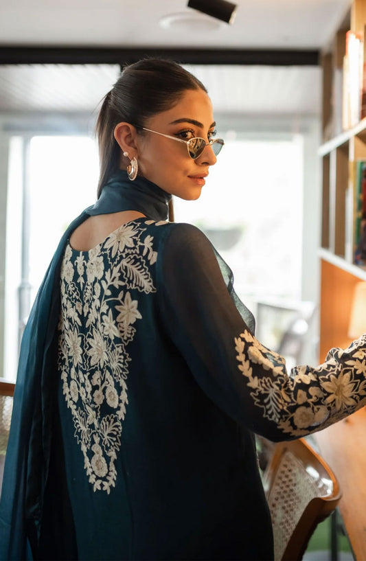 Luna Edit By Hues Atelier Embroidered Khaadi Net Stitched 3 Piece - Teal Blue Fit - HA25L - Festive Collection