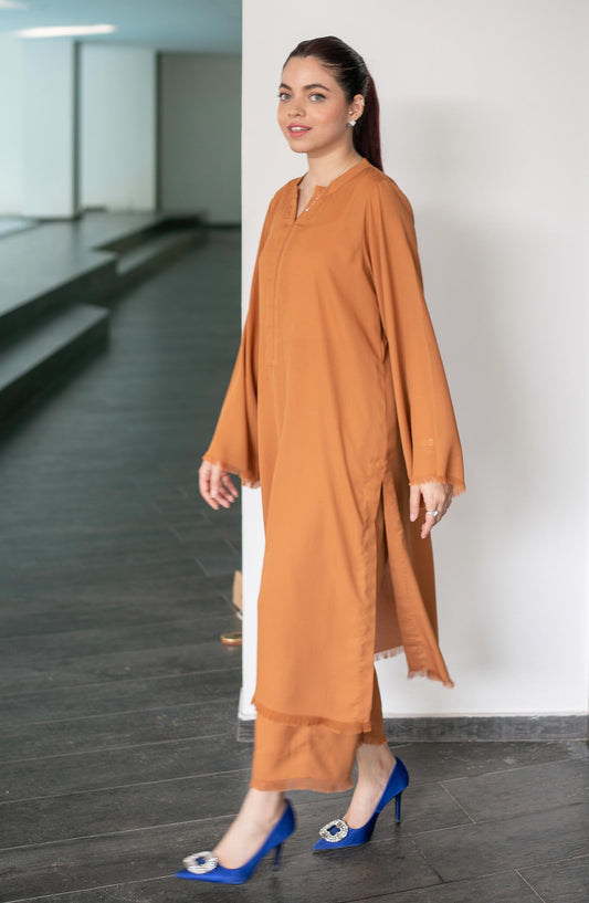 La Rosaa Solid georgette Stitched 2 Piece - Terracotta - Brown - Casual Collection